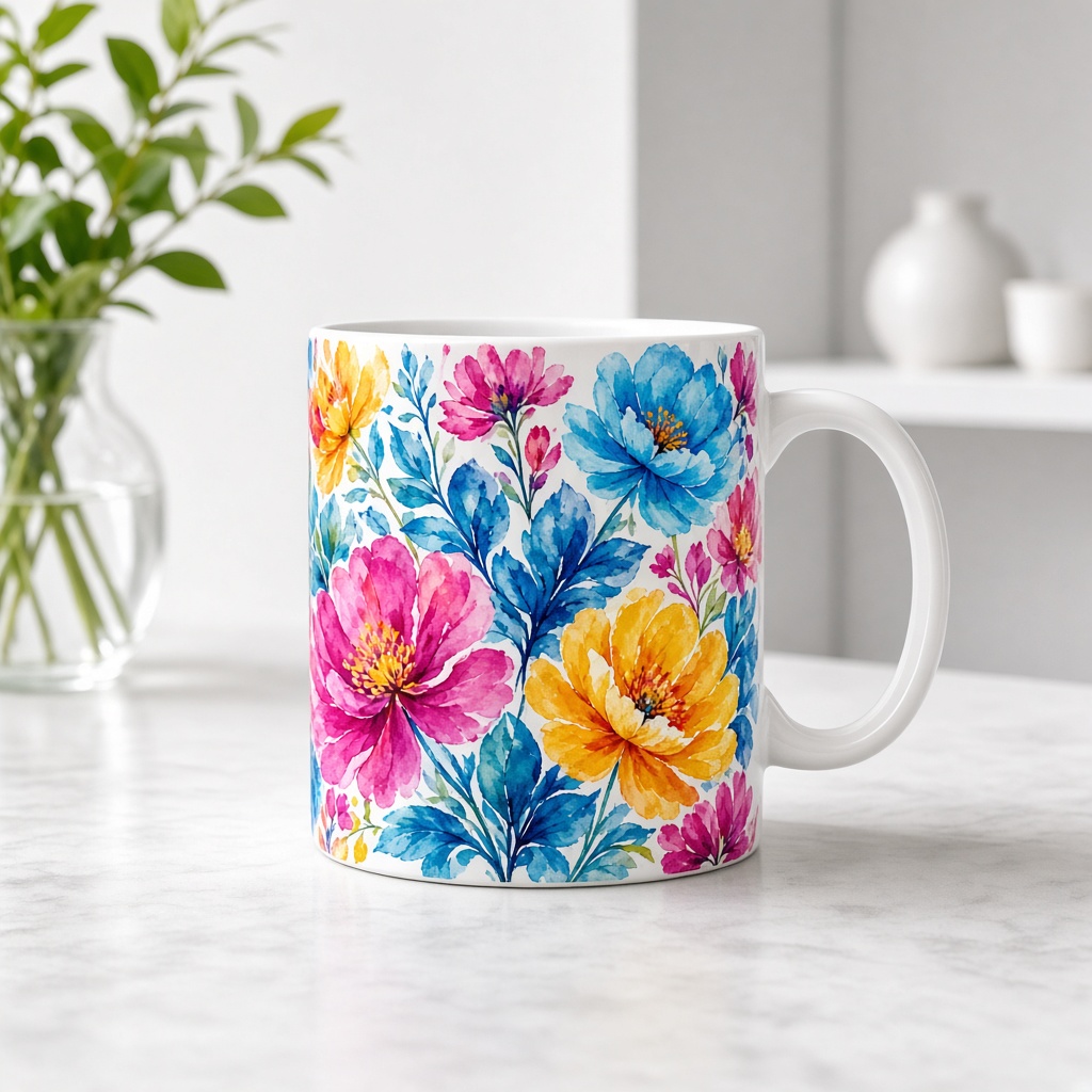 Taza cerámica con diseño floral por sublimación